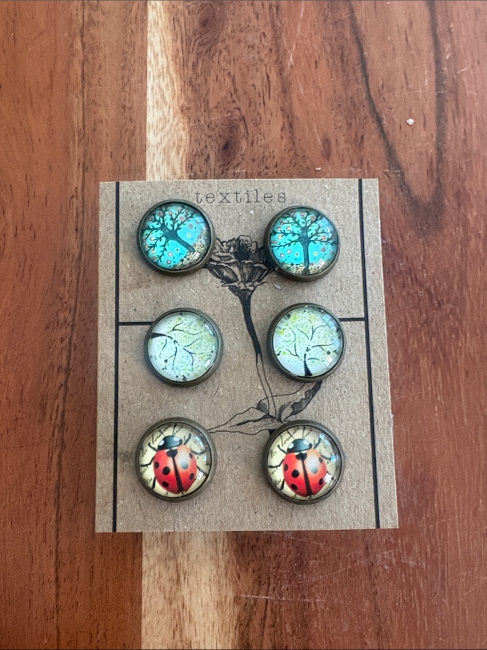 3 Pairs Artisan Tree & Ladybug Stud Earrings